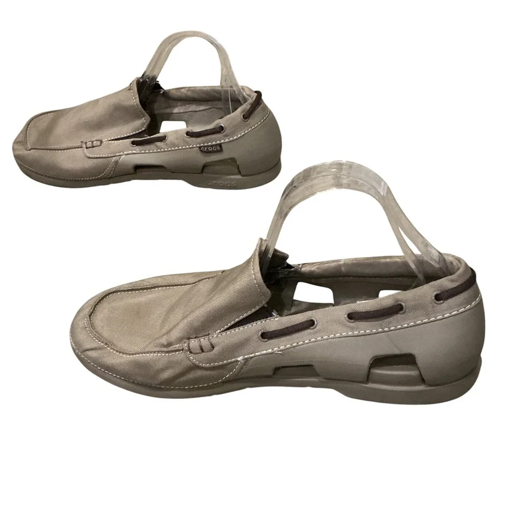 Crocs‎ Beach Line Boat Shoes Mens 13 Khaki Tan Canvas Slip On Loafers 15386